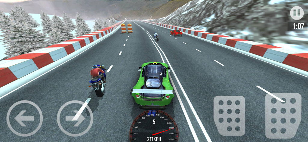 Car vs Bike Racing - Race Game - A green supercar and a motorcycle racing on a snowy mountain highway with gameplay UI