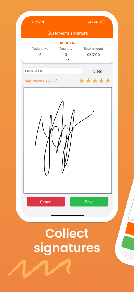 Écran de l'application mobile Track-POD pour la collecte des signatures numériques des clients comme preuve de livraison