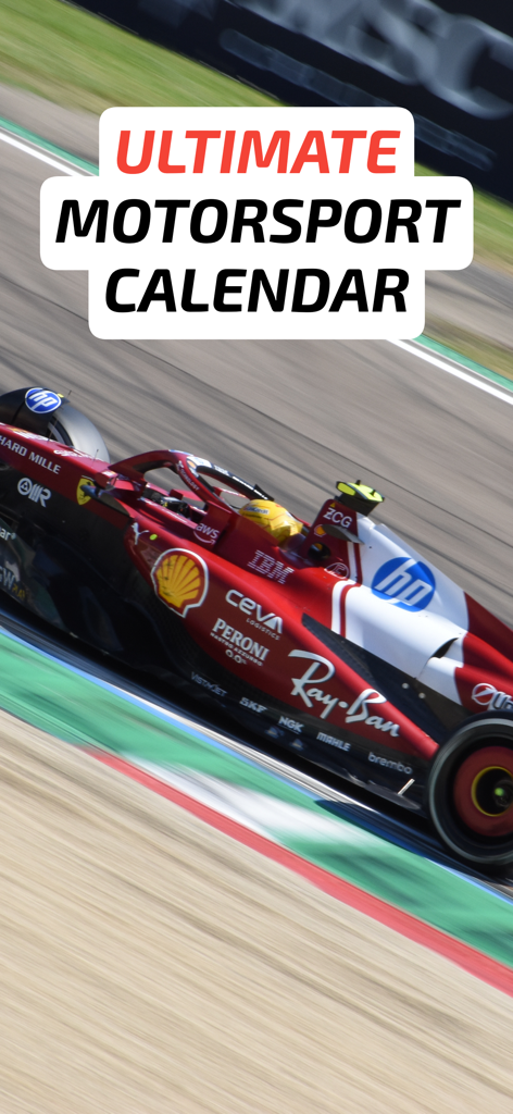 Coche de carreras rojo de Fórmula 1 en la pista con el texto Ultimate Motorsport Calendar