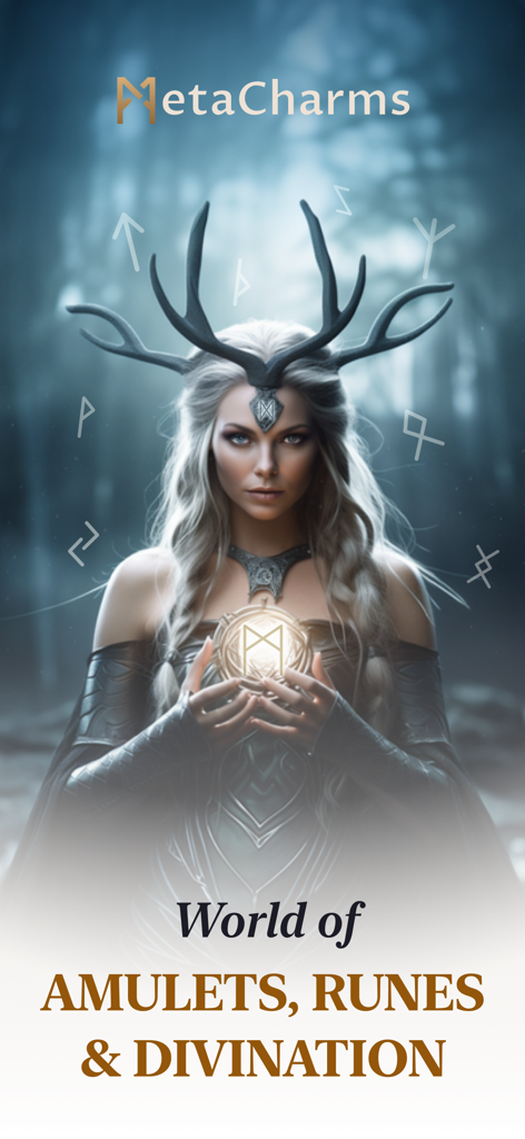 Fortune Teller - Metacharms - Una mujer mística con cuernos sosteniendo un amuleto de runa brillante en un bosque brumoso