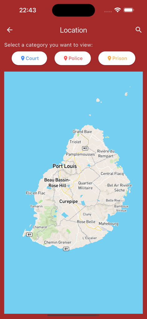 Location screen showing a map of Mauritius with category filters for Court Police and Prison