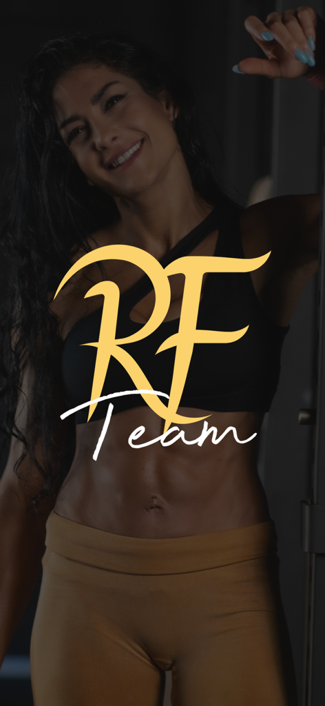RF Team fitness app splash screen featuring a smiling woman and the logo