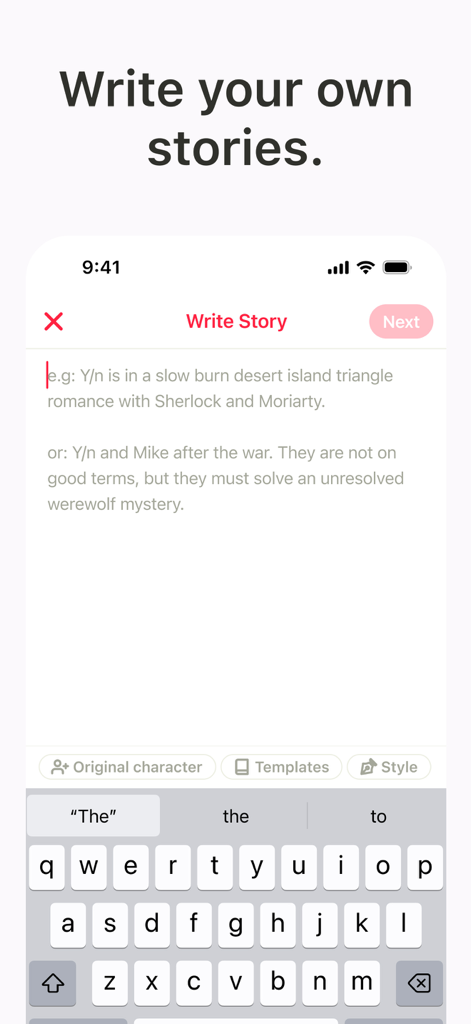 Interface for writing your own fanfiction stories in the Y/n app