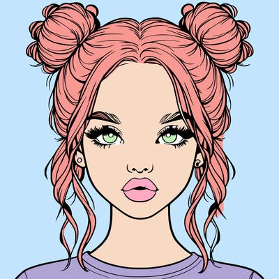 realistic girl with two buns in hair and lips