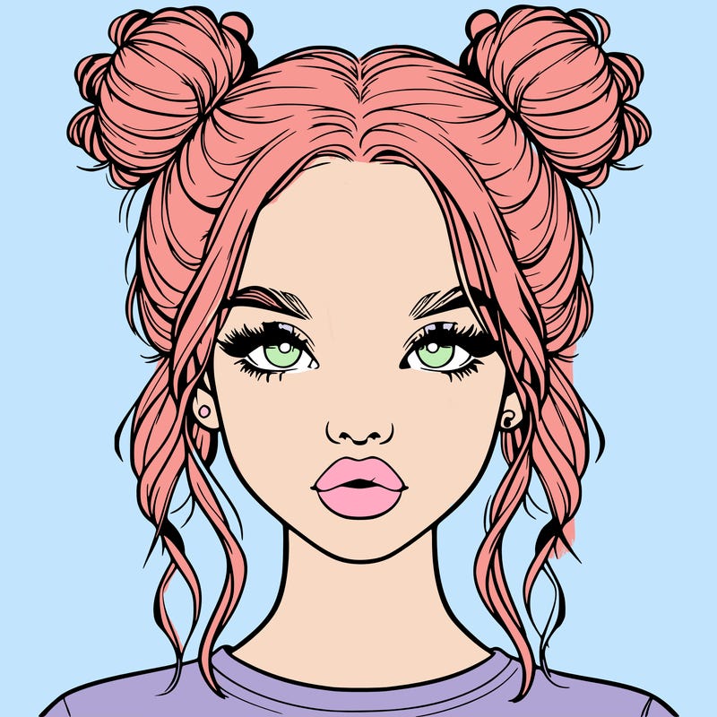 realistic girl with two buns in hair and lips