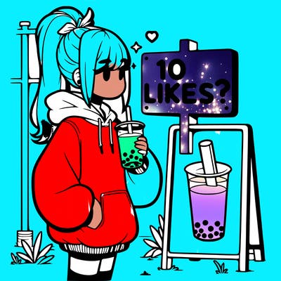 girl with oversized hoodie drinking boba and she has a high ponytail with a sign that says 10likes?