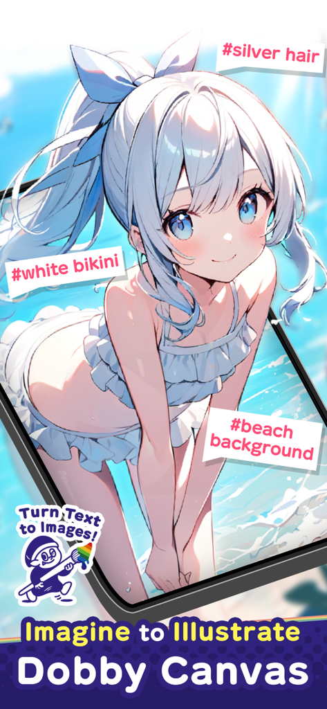 Dobby Canvas - AI-generated anime girl with silver hair and beach background using Dobby Canvas app