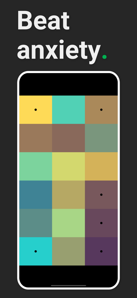 Un'interfaccia mobile per Color Sort Therapy che mostra una griglia di quadrati dai colori tenui e il testo 'Sconfiggi l'ansia'.