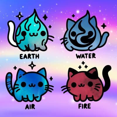4 cats that represent the different elements, earth, water, air, and fire