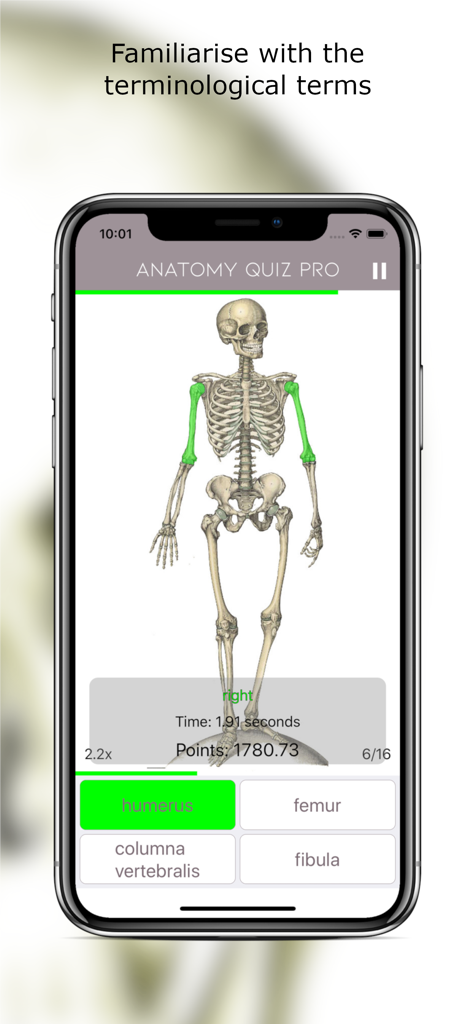 Anatomy Quiz Lite - Anatomy Quiz Lite mobile app interface showing a skeletal system identification quiz for the humerus