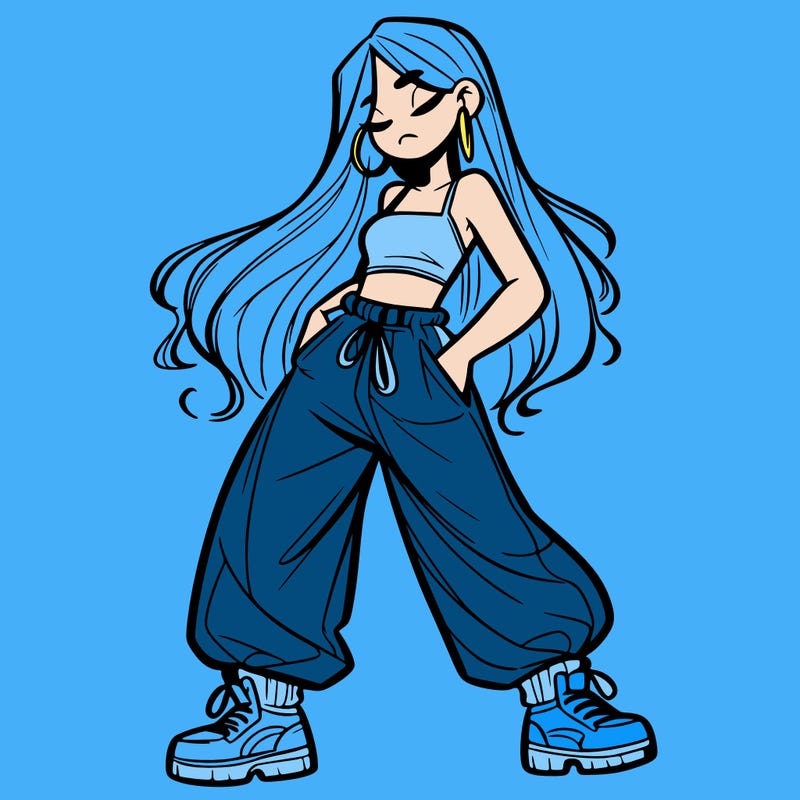 girl in baggy pants crop top and long hair