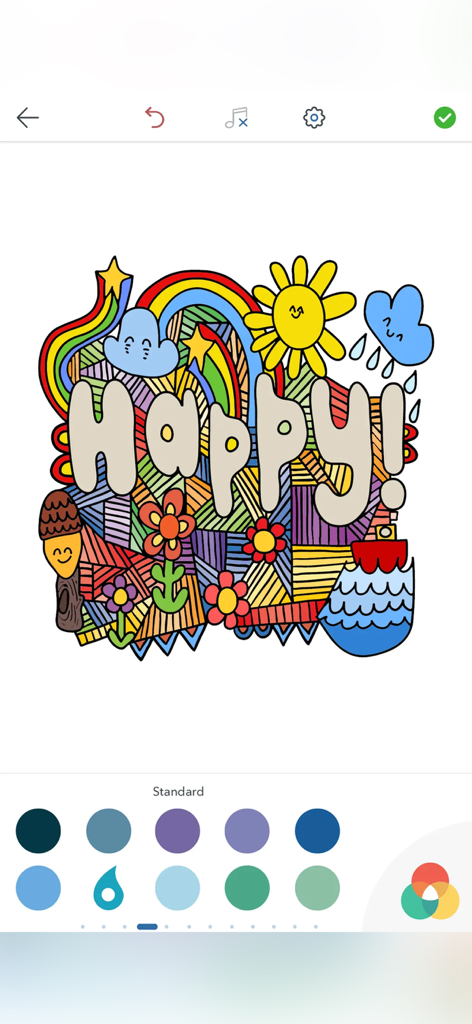 Un colorato disegno digitale della parola Happy con un arcobaleno e un sole in un'app di colorazione per adulti
