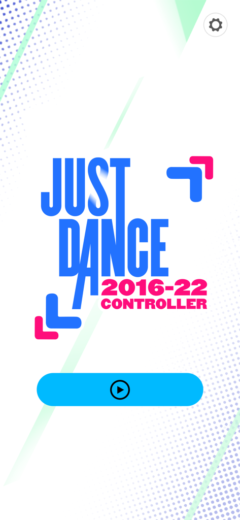 Tela inicial do aplicativo móvel Just Dance 2016-22 Controller com o logotipo do título e um botão de reprodução azul.
