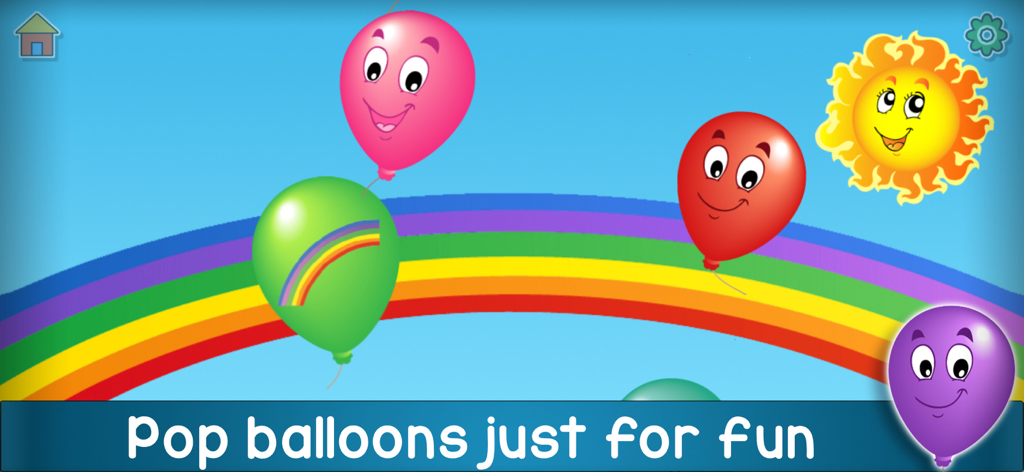 Kids Balloon Pop Language Game - Globos coloridos sonrientes flotando sobre un arcoíris y un sol feliz en un juego para niños