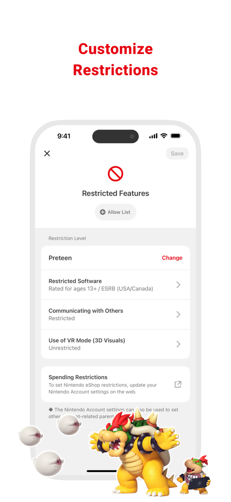 Customize restrictions screen in the Nintendo Switch Parental Controls app showing age-based software and communication settings