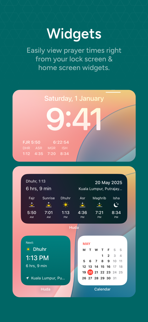 Huda: Prayer Times & Al-Quran - Huda app prayer times and calendar widgets on iPhone lock and home screens