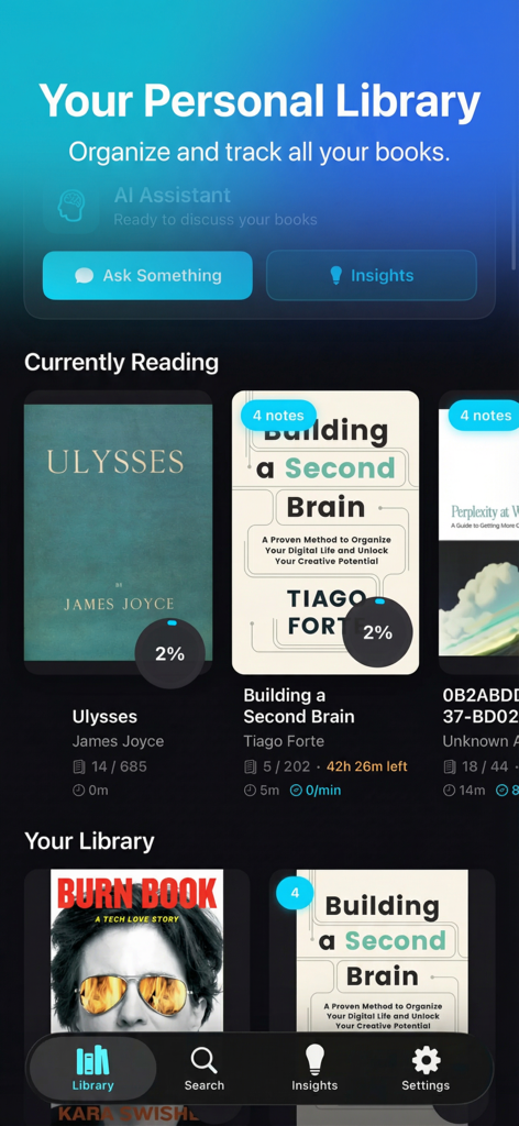 Cognito: AI Reading Companion - Cognito App-Oberfläche der persönlichen Bibliothek, die den aktuellen Lesefortschritt und Schaltflächen für KI-Assistenten anzeigt