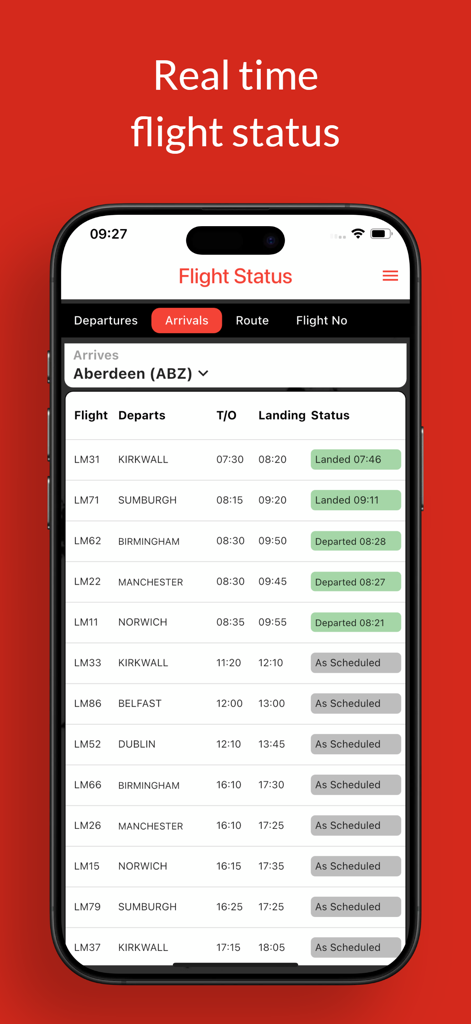 A smartphone screen showing real-time flight status for arrivals at Aberdeen airport on the Loganair app.