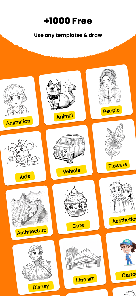 AR Drawing Paint Art - Una colección de más de 1000 categorías de plantillas de dibujo gratuitas que incluyen Animación, Animales, Personas y Arquitectura en la aplicación AR Drawing.