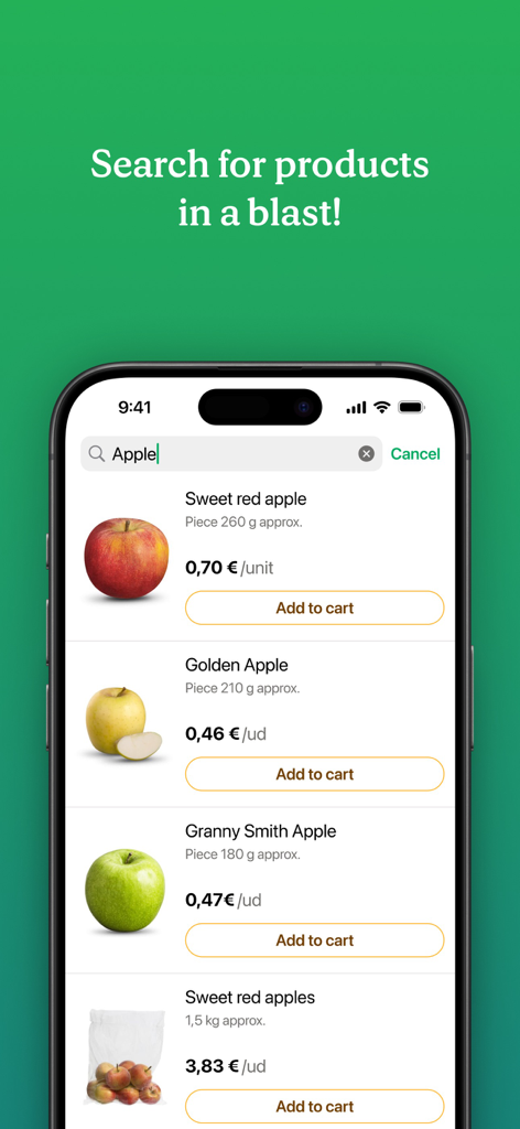Mercadona - App móvil de Mercadona mostrando resultados de búsqueda de diferentes tipos de manzanas con precios y botones para añadir al carrito