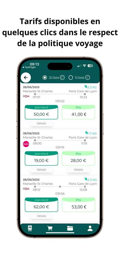 Pantalla de smartphone de la aplicación Portail Entreprises que muestra tarifas de tren e indicadores de política de viajes corporativos