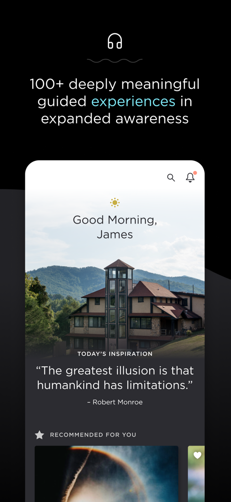 Expand: Beyond Meditation - Expand app home screen featuring a daily inspiration quote and a view of the Monroe Institute campus.