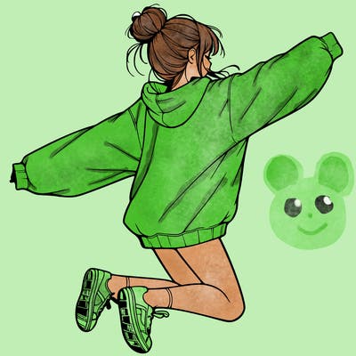 realistic girl jumping with a bun and oversized sweatshirt