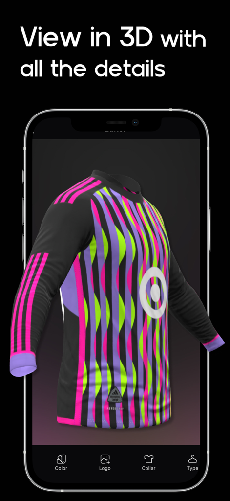 Football Jersey Creator: FCKit - 3D preview of a custom designed football jersey in the FCKit app.
