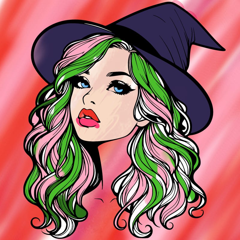 realistic witch girl with wavy hair and lips