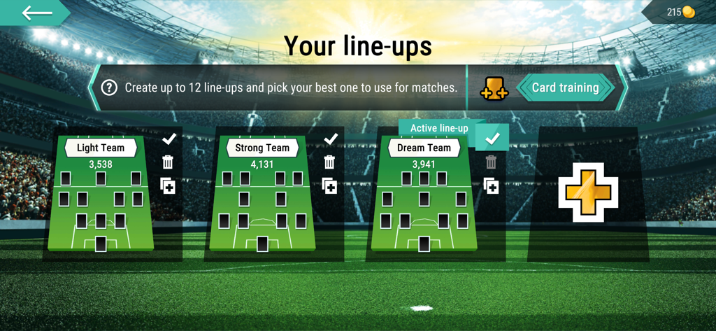Soccer team line-up management screen in the Panini FIFA 365 AdrenalynXL app