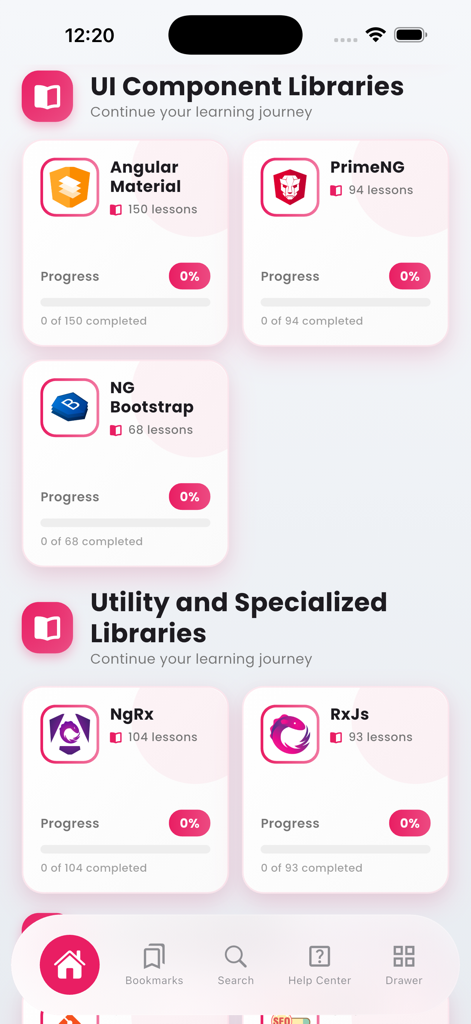 Learn Angular Development - Screenshot der Learn Angular Development App, die Lernmodule für Angular Material, PrimeNG, NG Bootstrap, NgRx und RxJs mit Fortschrittsverfolgung anzeigt.