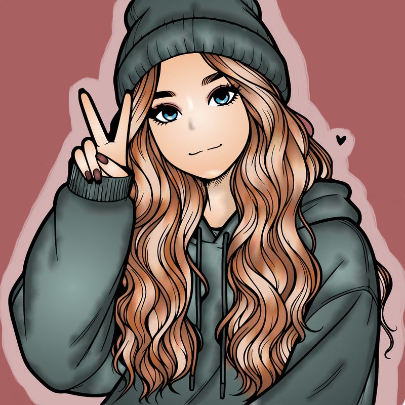 a teenage girl in a beanie, oversized sweatshirt, wavy long hair, and is showing a ✌️