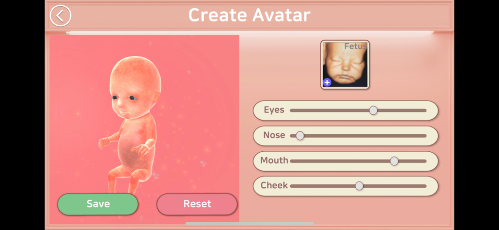 Aluvuu Fetus - Interface of the Aluvuu Fetus app showing a 3D baby model and customization sliders for facial features like eyes, nose, and mouth based on an ultrasound scan.