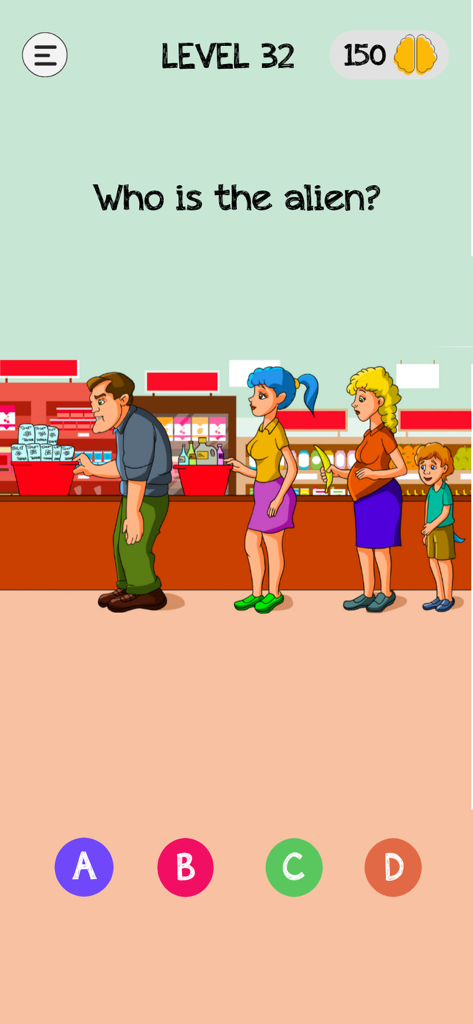 Un acertijo del juego móvil Braindom preguntando quién es el alienígena entre cuatro personajes en una fila de tienda.