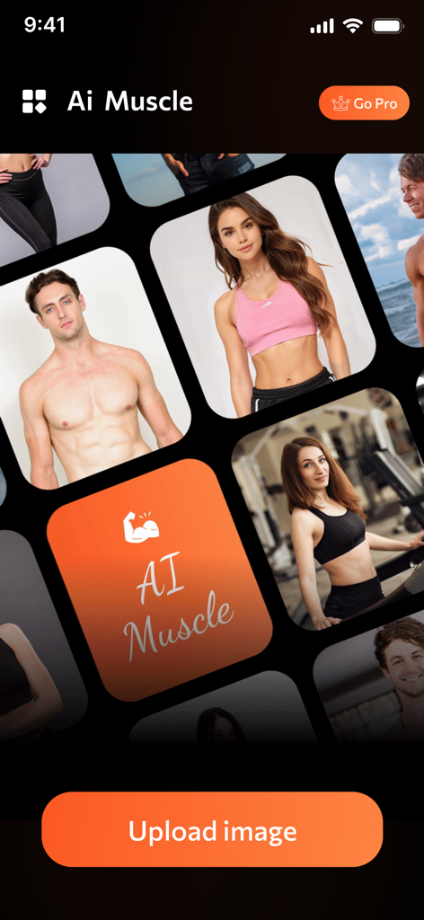 Ai Muscle Body Editor - Interface of Ai Muscle Body Editor app showing a gallery of fit men and women with an upload image button.