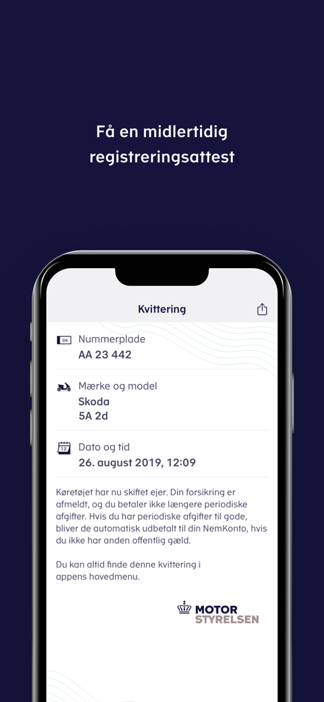 Ejerskifte - Digital receipt of a vehicle ownership transfer within the Ejerskifte mobile app