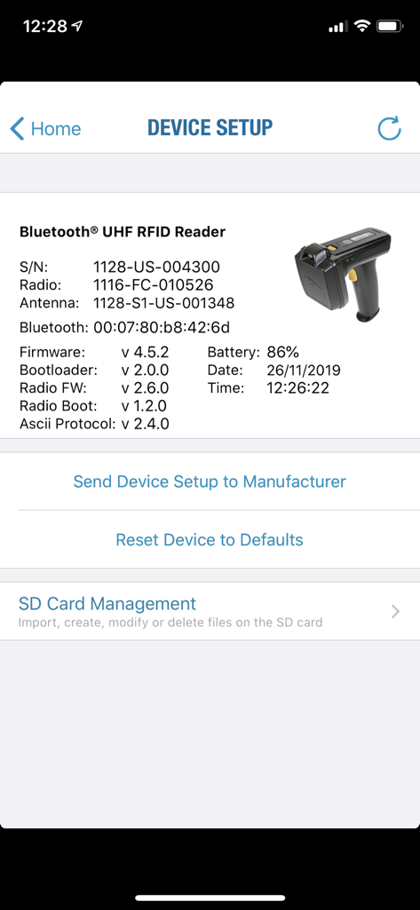 RFID Explorer - Geräte-Setup-Bildschirm mit technischen Spezifikationen für einen Bluetooth UHF RFID-Reader