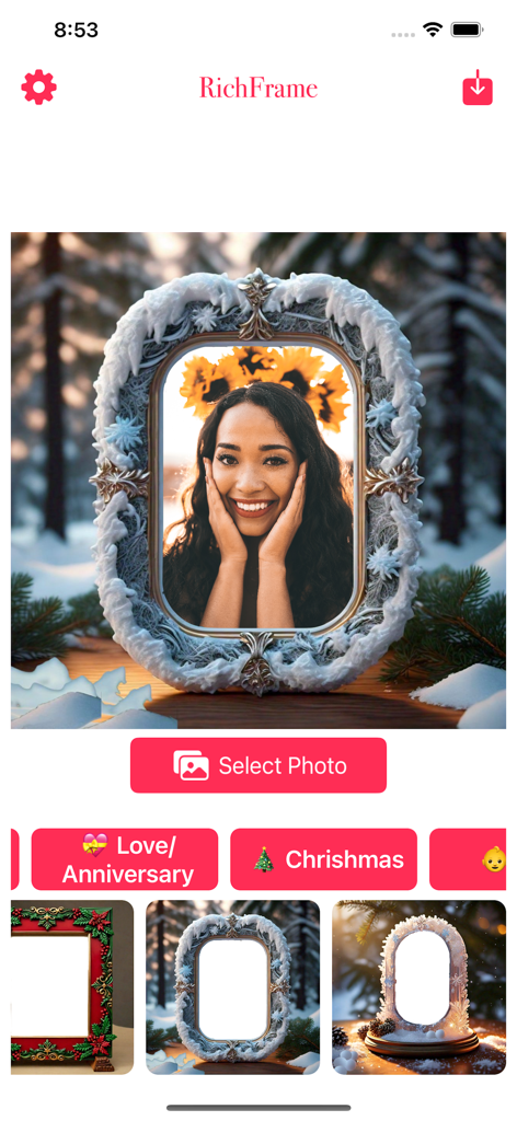 RichFrame Birthday Photo Frame - Interfaz de la aplicación RichFrame mostrando un retrato en un marco decorativo nevado