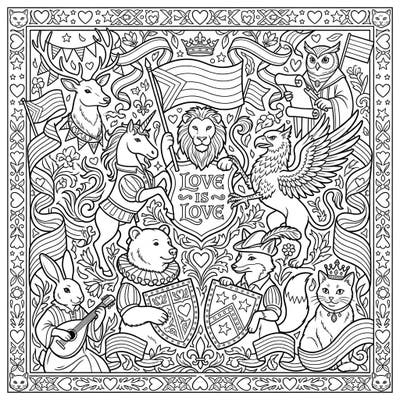 Step into a world where majestic Renaissance animals celebrate Pride in an intricate and heartwarming design. This detailed coloring page, featuring banners and hearts, is a beautiful tribute to love and diversity.