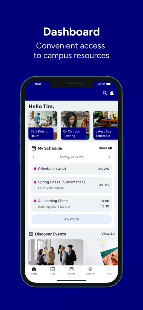 Dashboard der IB Connect App mit Stundenplan und Verknüpfungen zu Campus-Ressourcen
