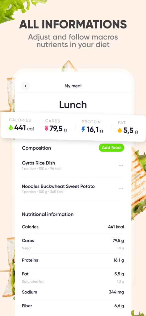Detalhes de macronutrientes e calorias para o almoço no aplicativo Nutri Coach