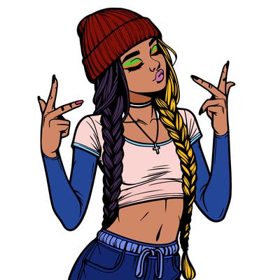 realistic teenage girl with braids and a beanie and crop top doing 🫶🏼