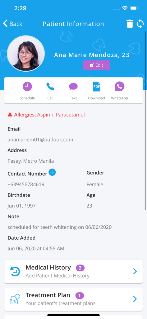 Patient information screen in the My Dental Clinic app showing contact details medical history and treatment plans