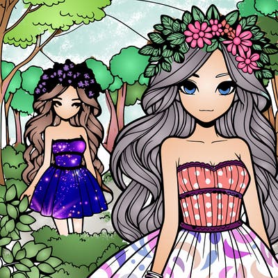 reistic girl with summer dress and has a flower crown and a woods background