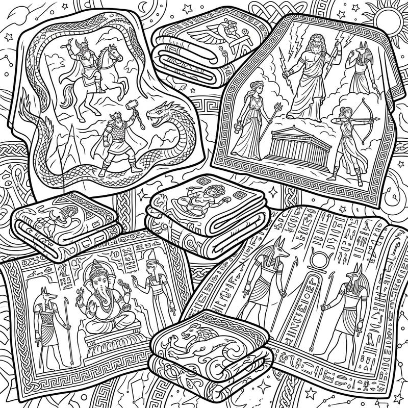 Dive into a world of ancient legends with this stunning coloring page featuring blankets adorned with mythological figures. Explore intricate designs showcasing gods, goddesses, and heroes from diverse cultures, ready for your artistic touch.