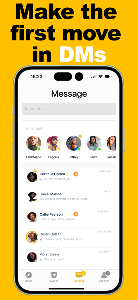 Afrosmeet – Black Dating App - Interfaz de mensajería de la aplicación de citas Afrosmeet que muestra conversaciones de usuarios y nuevos me gusta