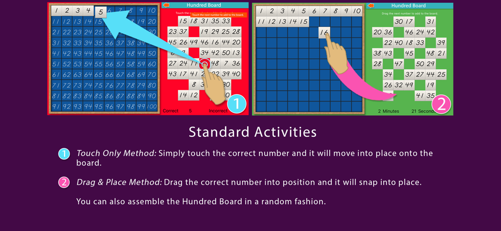 Hundred Board -Montessori Math - Educational activities in the Montessori Hundred Board app showing touch and drag methods for counting