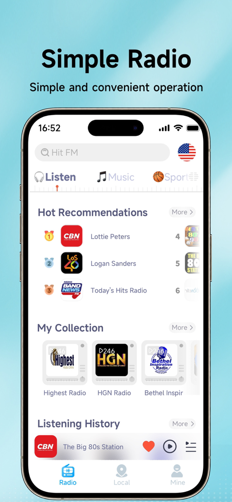 The home screen of the Radio App showing various FM radio stations and categories.