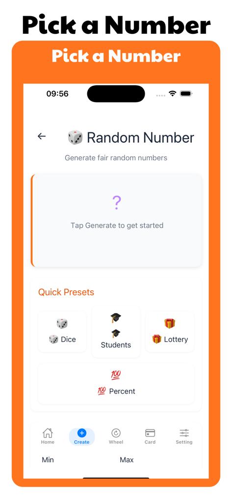 Interface for picking a random number with quick presets for dice students and lottery