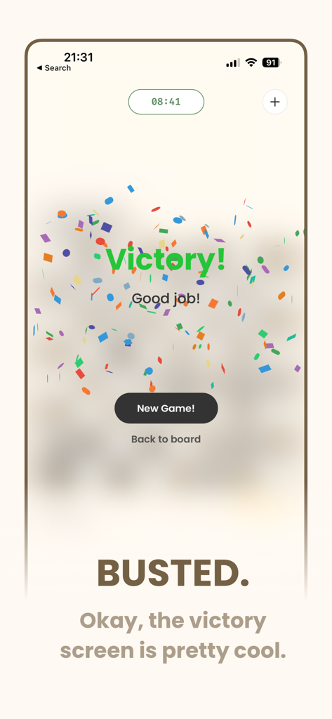 Tela de vitória do aplicativo NoFluff Chess com confetes coloridos e um botão de novo jogo